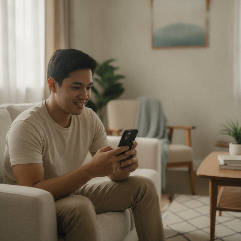 Filipino player using smartphone to access online casino platform at home